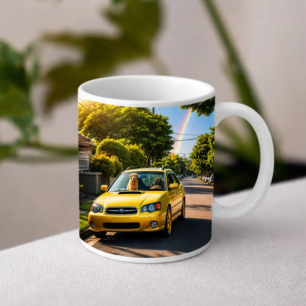 Yellow Subaru Legacy Golden Retriever Suburban Street – Mugs