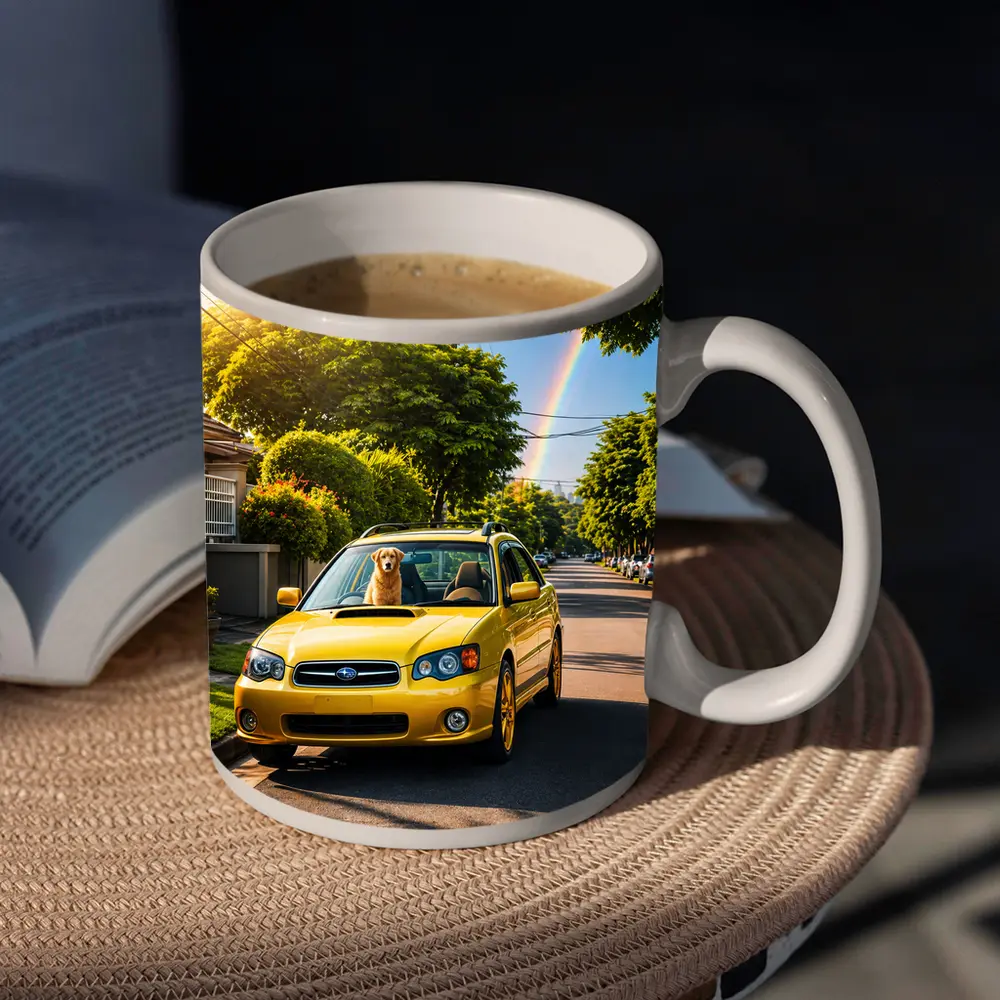 Yellow Subaru Legacy Golden Retriever Suburban Street – Mugs