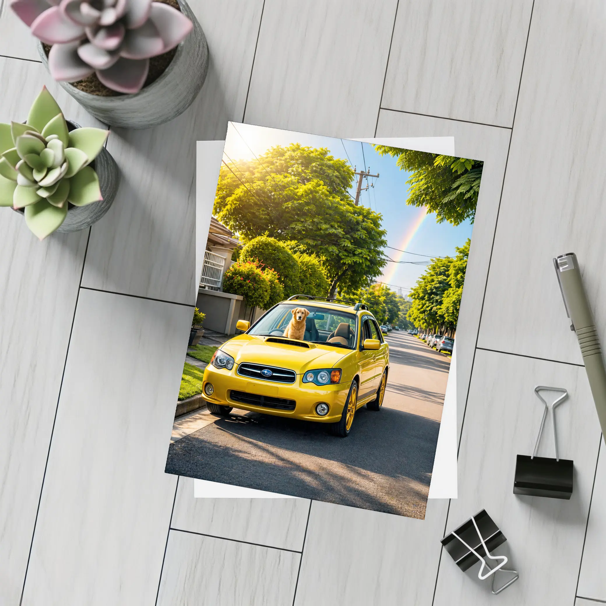 Yellow Subaru Legacy Golden Retriever Suburban Street – Postcards