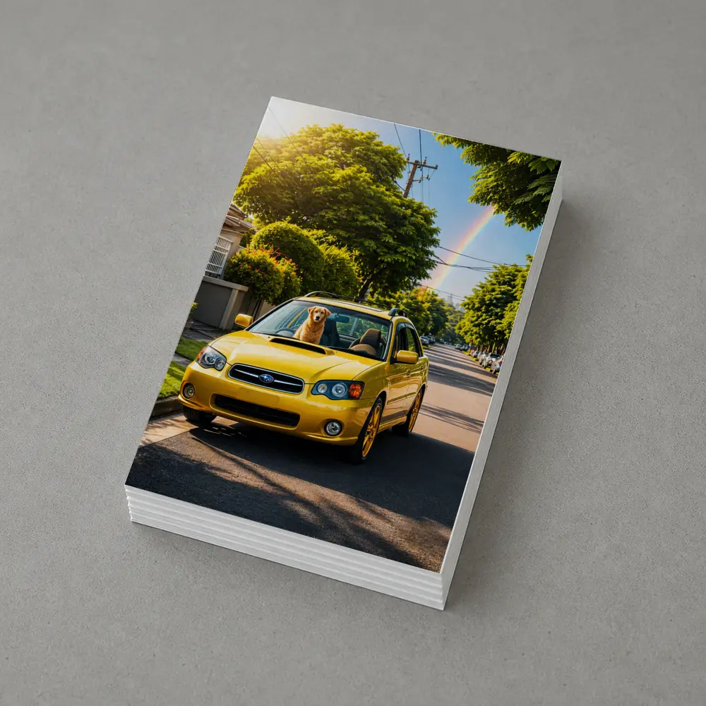 Yellow Subaru Legacy Golden Retriever Suburban Street – Postcards