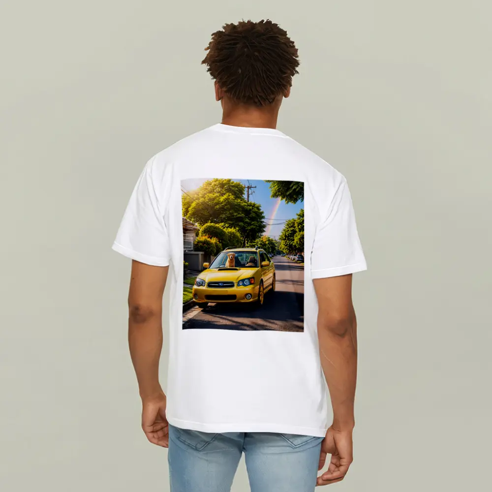 Yellow Subaru Legacy Golden Retriever Suburban Street – T-Shirts