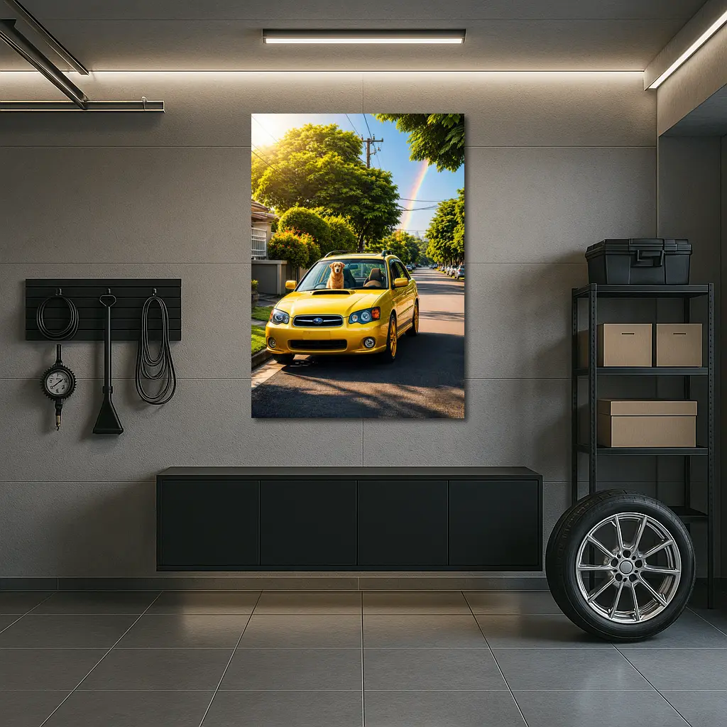 Yellow Subaru Legacy Golden Retriever Suburban Street – Wall Art