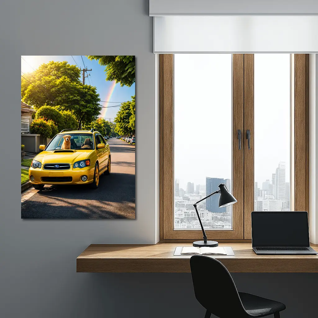 Yellow Subaru Legacy Golden Retriever Suburban Street – Wall Art