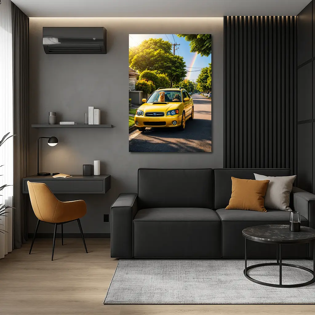 Yellow Subaru Legacy Golden Retriever Suburban Street – Wall Art