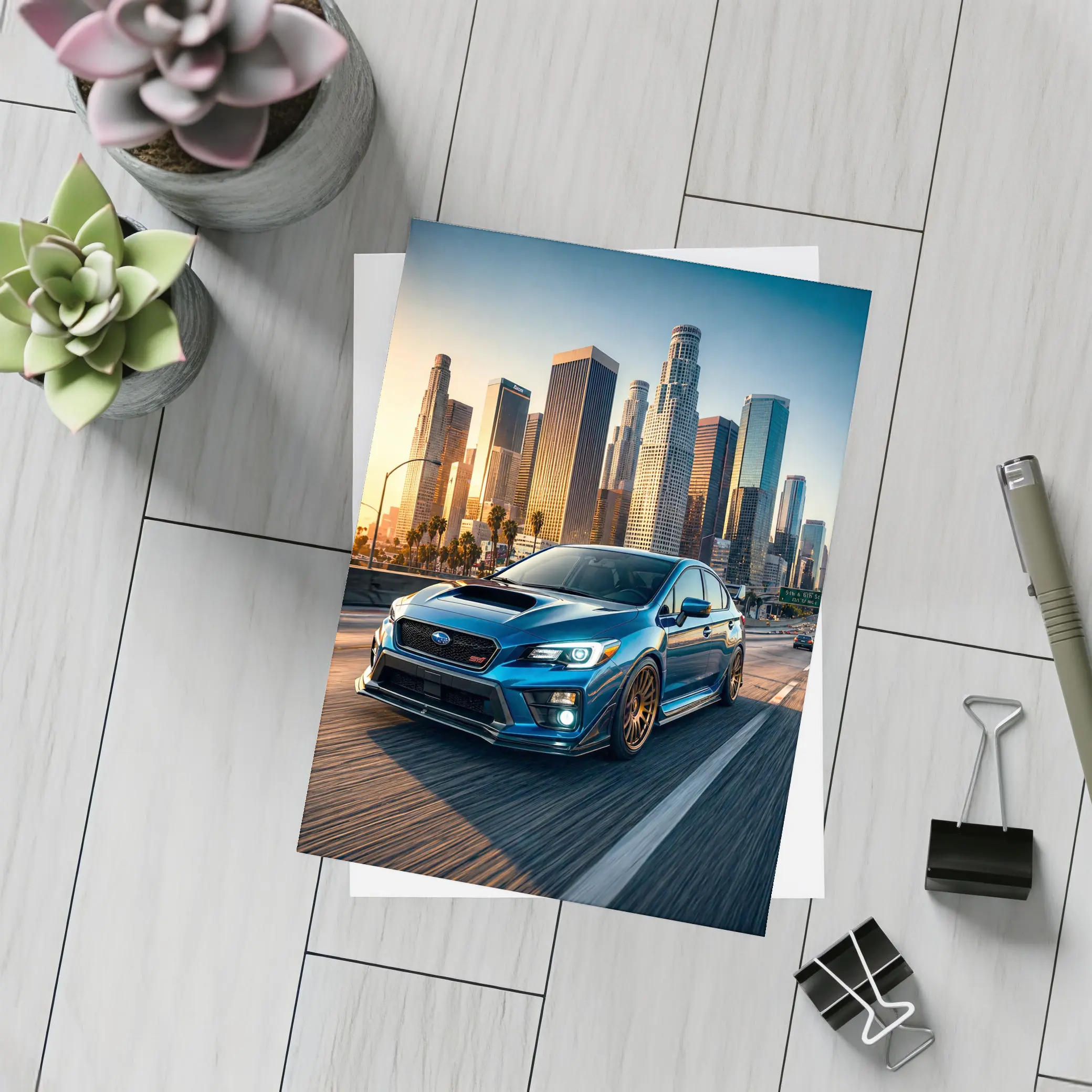 Subaru WRX STI Blue Los Angeles Skyline – Postcards