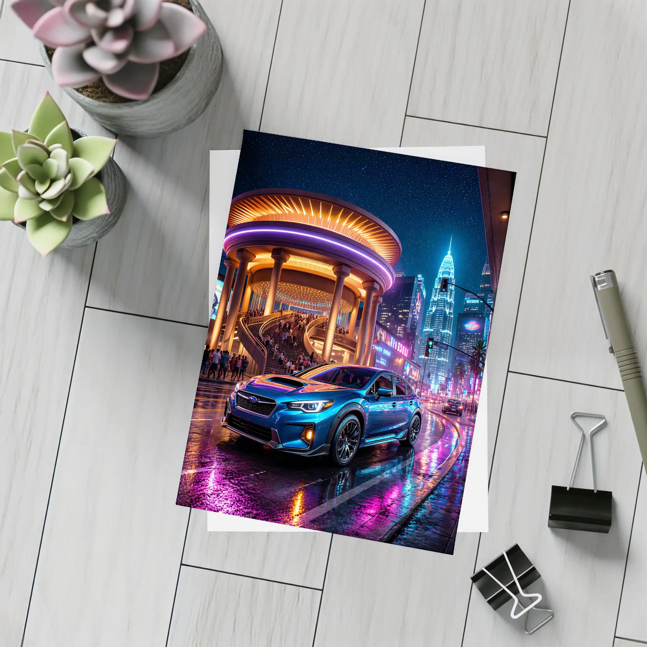 Subaru Levorg Blue Neon City Night – Postcards