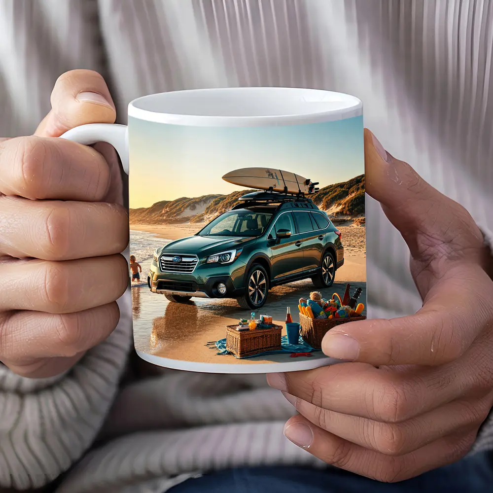 Subaru Outback Parked On Sunny Beach – Mugs