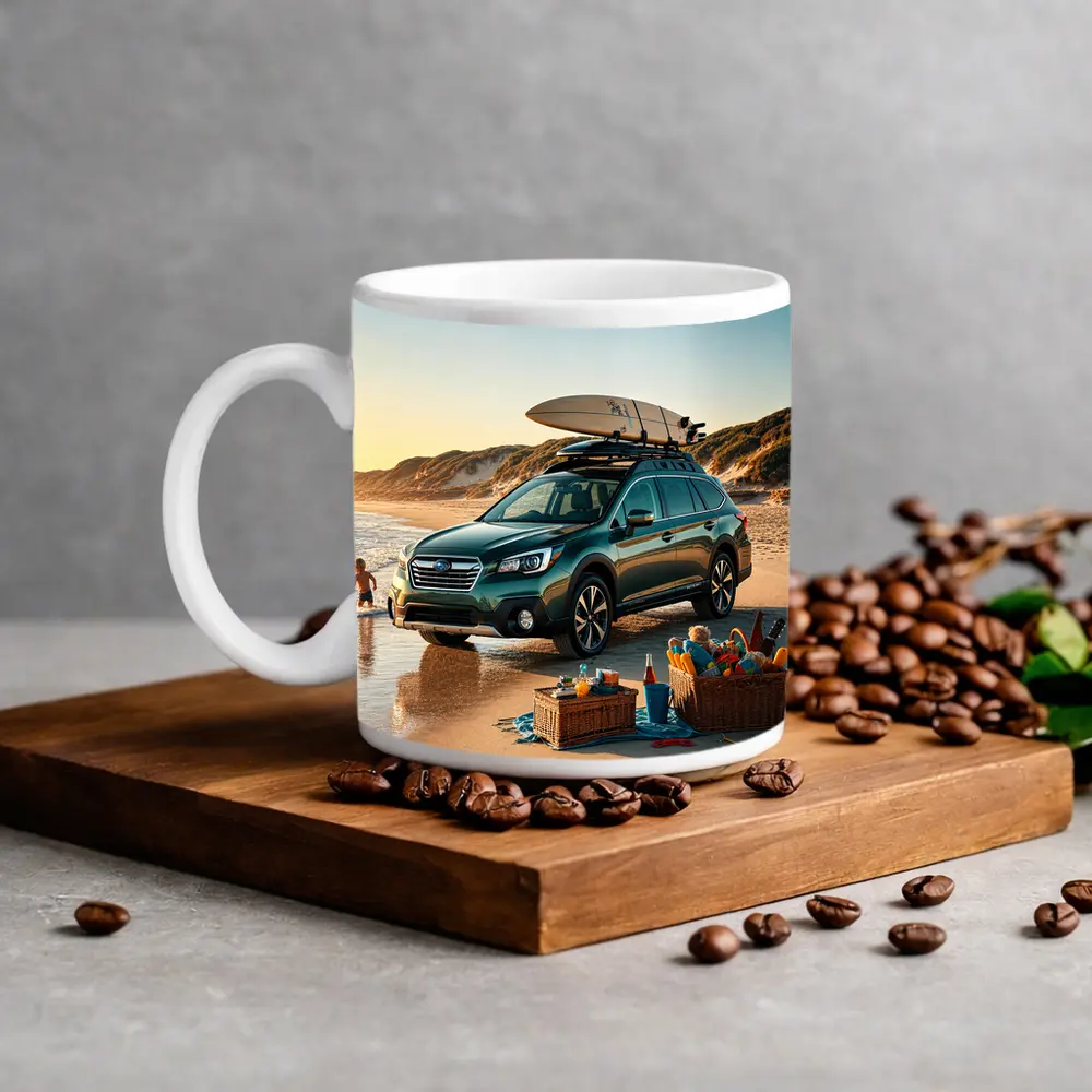 Subaru Outback Parked On Sunny Beach – Mugs