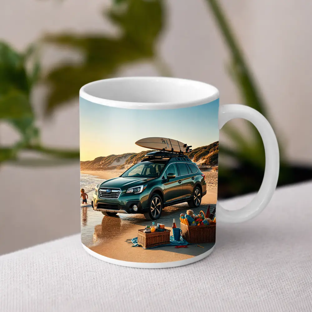 Subaru Outback Parked On Sunny Beach – Mugs