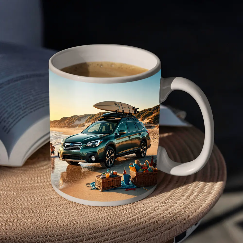 Subaru Outback Parked On Sunny Beach – Mugs