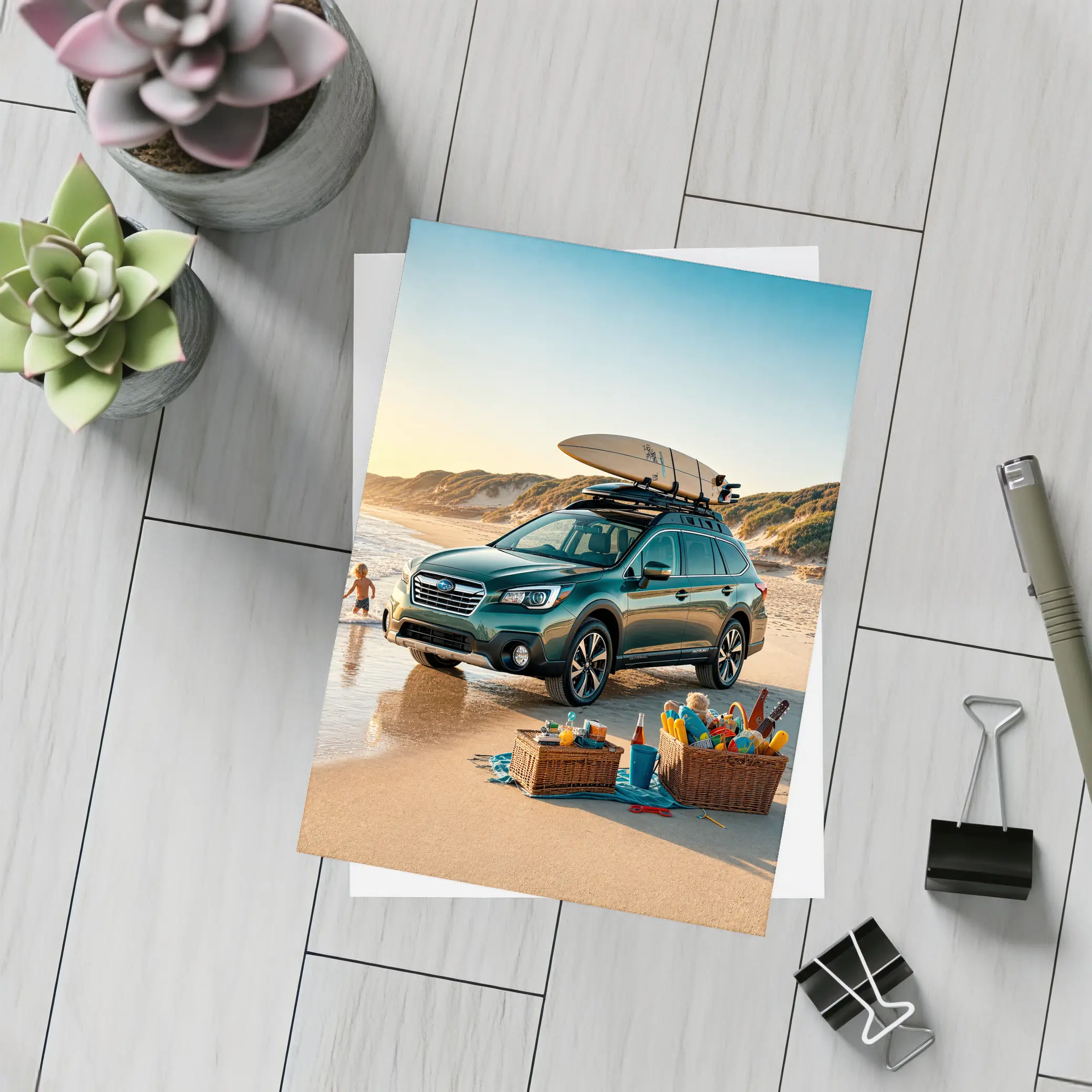 Subaru Outback Parked On Sunny Beach – Postcards