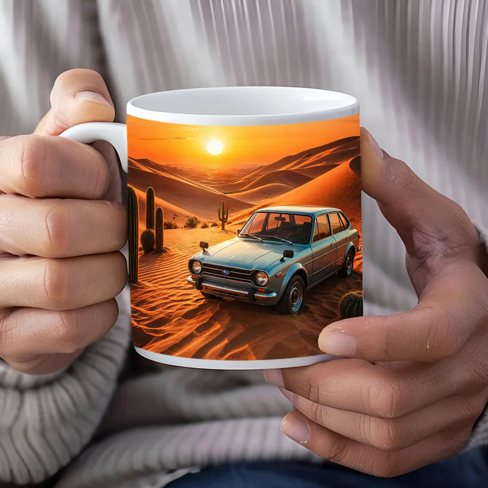 Vintage Subaru Hatchback Desert Sunset Scene – Mugs