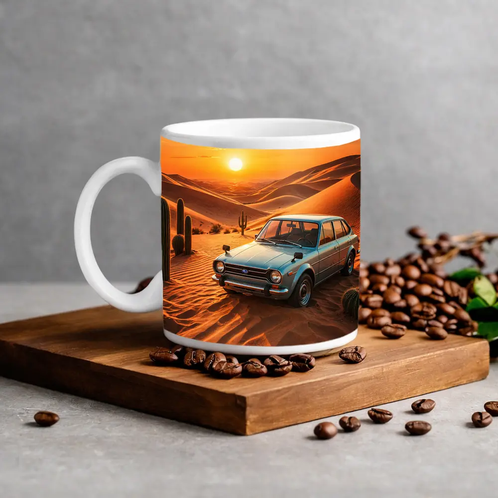 Vintage Subaru Hatchback Desert Sunset Scene – Mugs