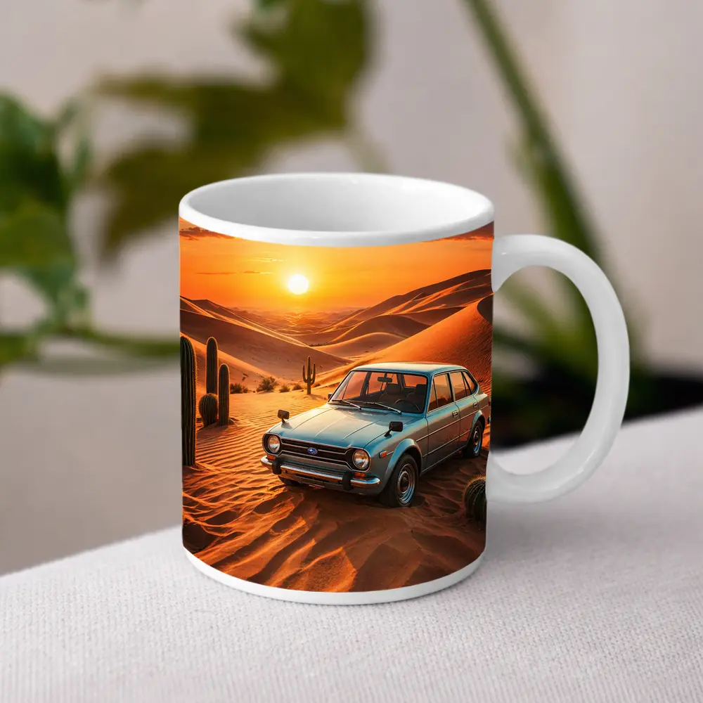 Vintage Subaru Hatchback Desert Sunset Scene – Mugs