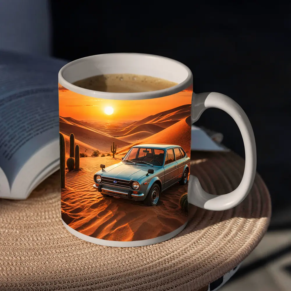 Vintage Subaru Hatchback Desert Sunset Scene – Mugs