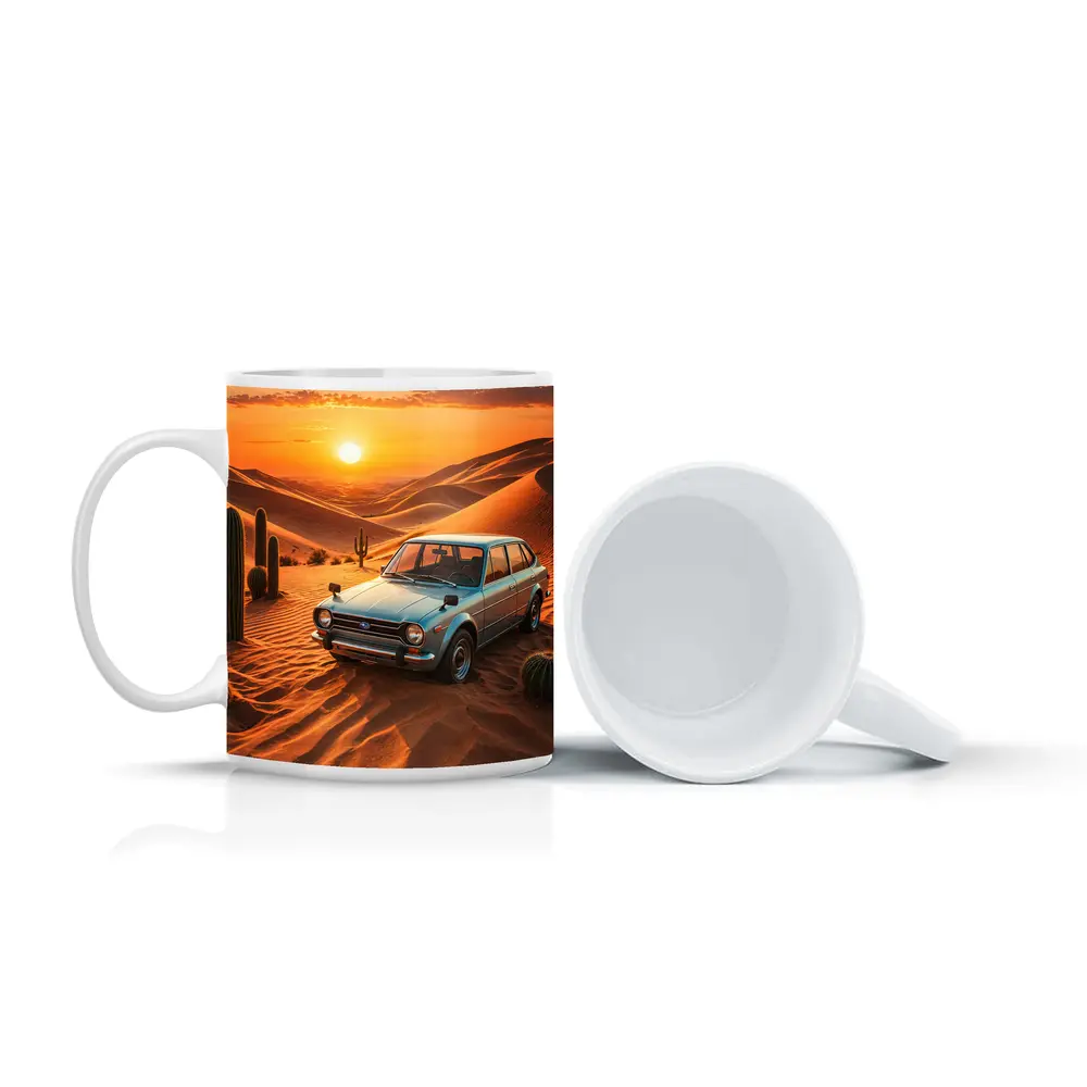 Vintage Subaru Hatchback Desert Sunset Scene – Mugs