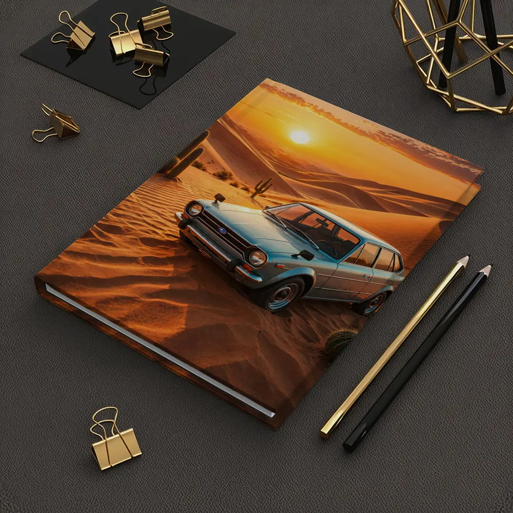 Vintage Subaru Hatchback Desert Sunset Scene – Notebooks