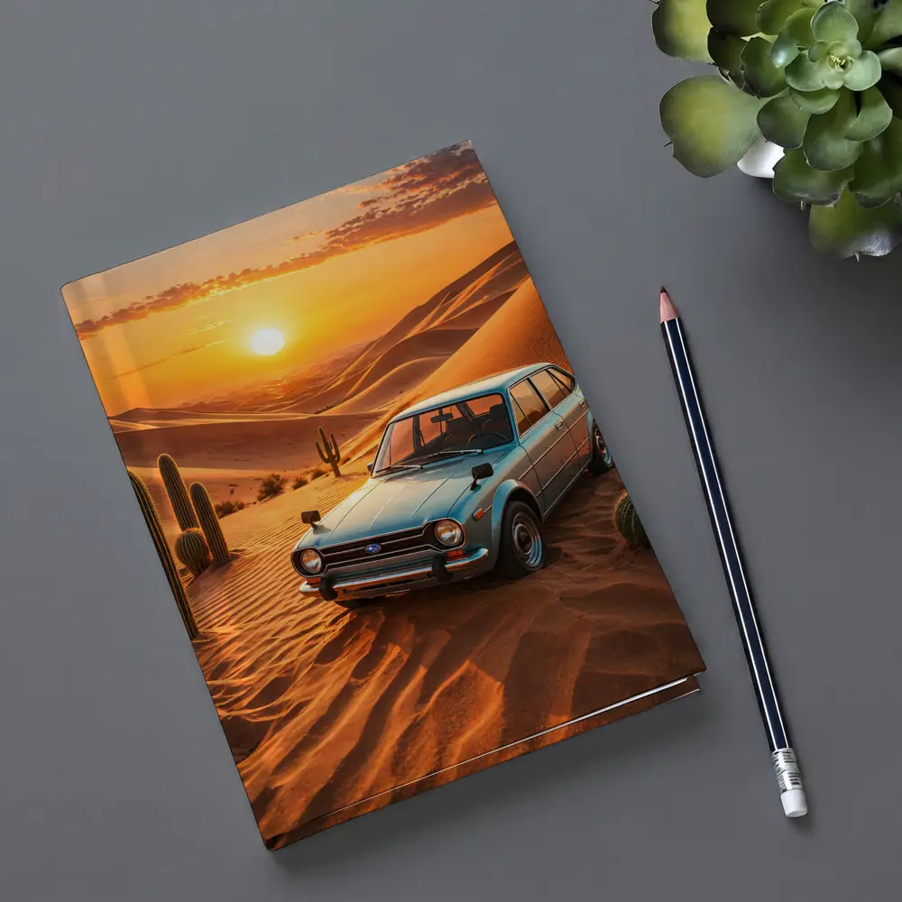 Vintage Subaru Hatchback Desert Sunset Scene – Notebooks