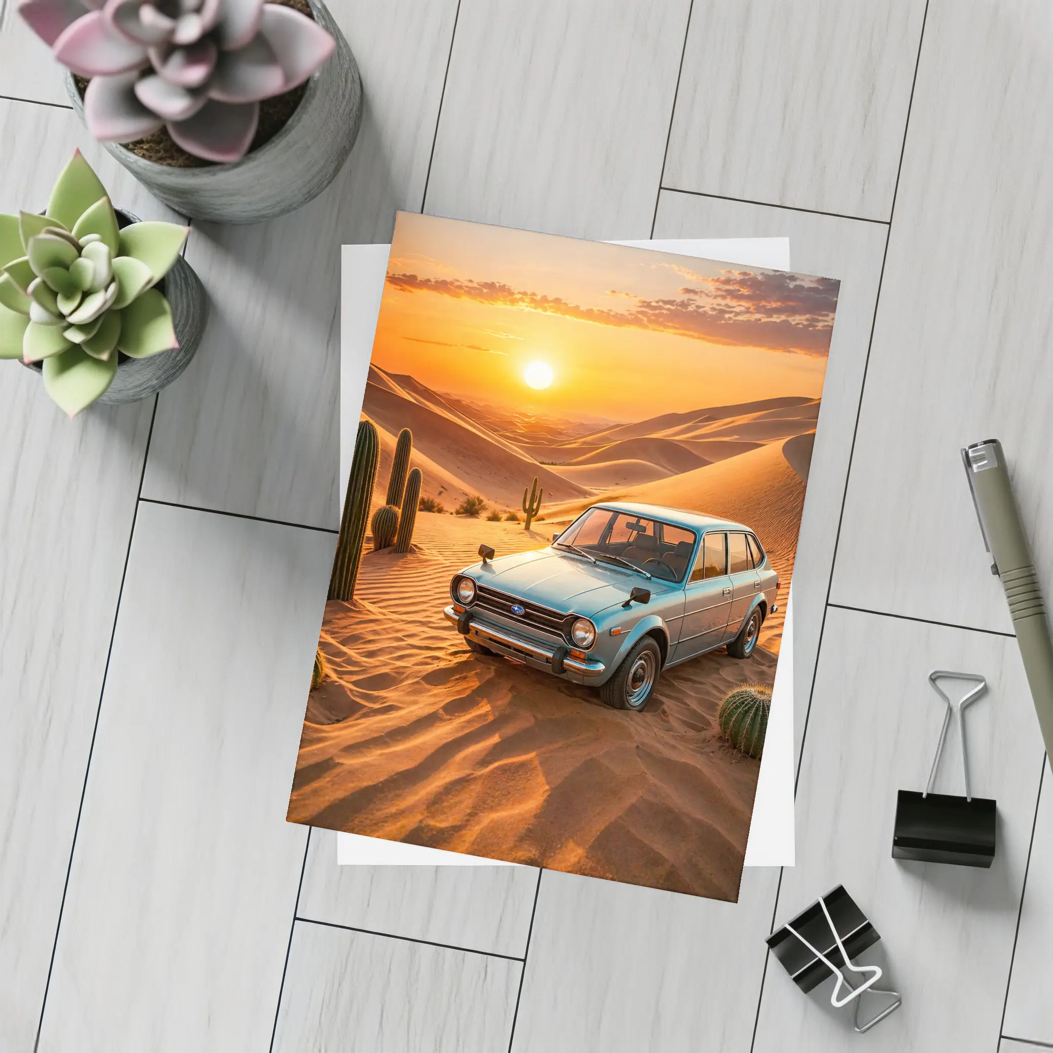 Vintage Subaru Hatchback Desert Sunset Scene – Postcards