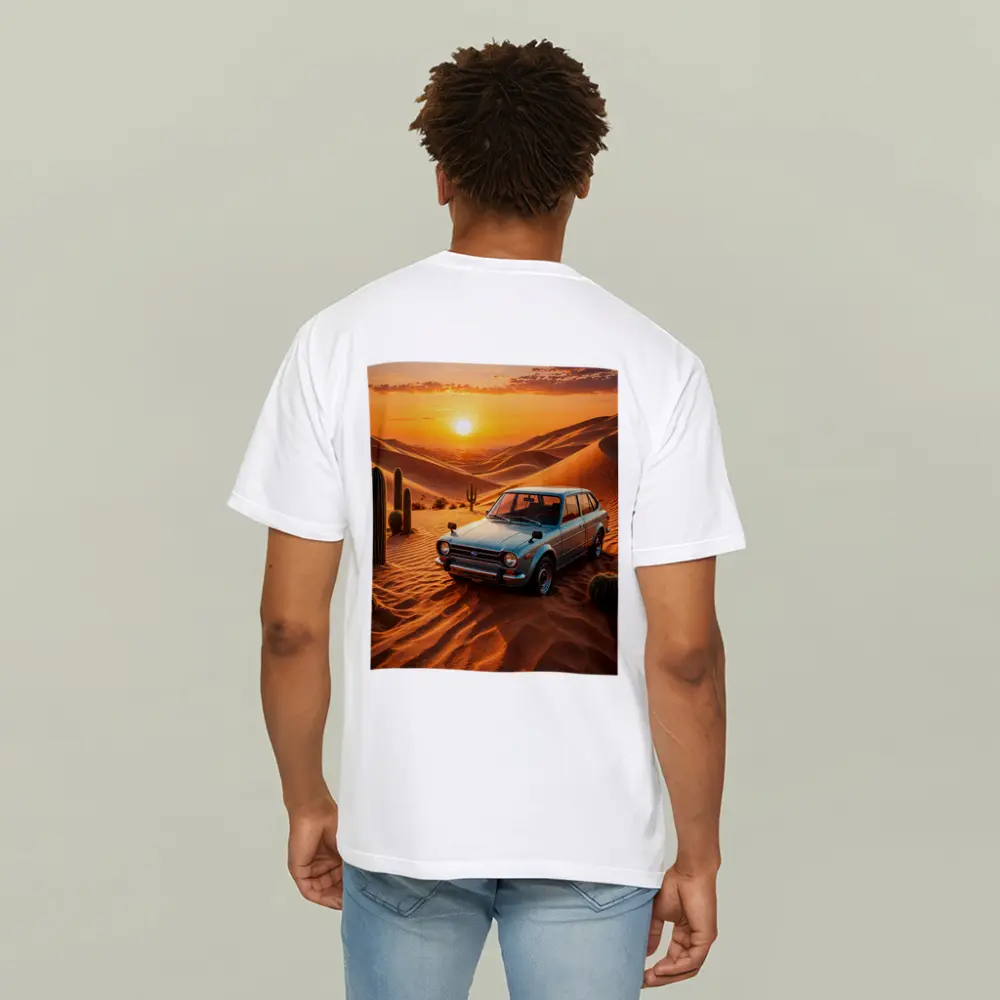Vintage Subaru Hatchback Desert Sunset Scene – T-Shirts