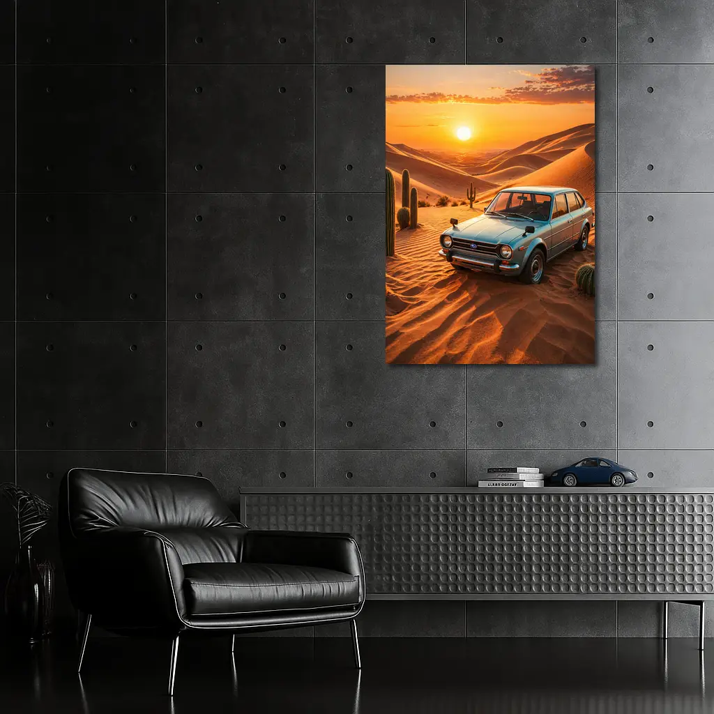 Vintage Subaru Hatchback Desert Sunset Scene – Wall Art