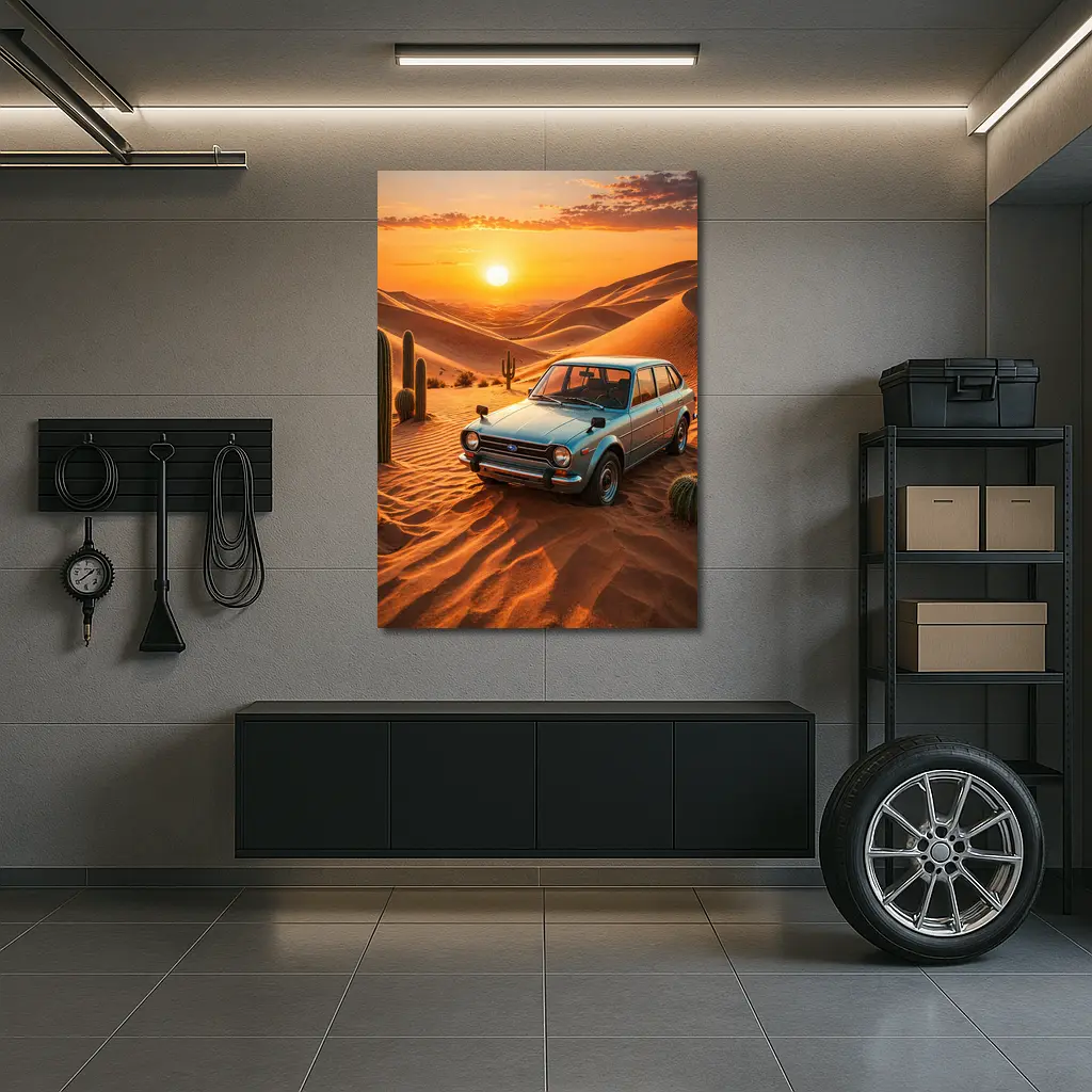 Vintage Subaru Hatchback Desert Sunset Scene – Wall Art