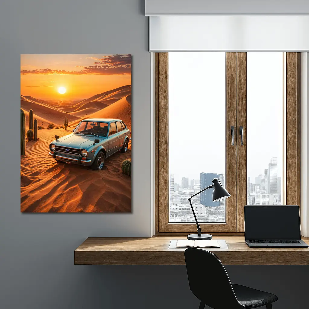 Vintage Subaru Hatchback Desert Sunset Scene – Wall Art