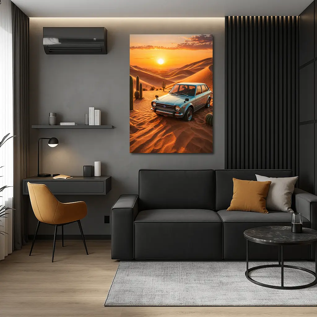 Vintage Subaru Hatchback Desert Sunset Scene – Wall Art