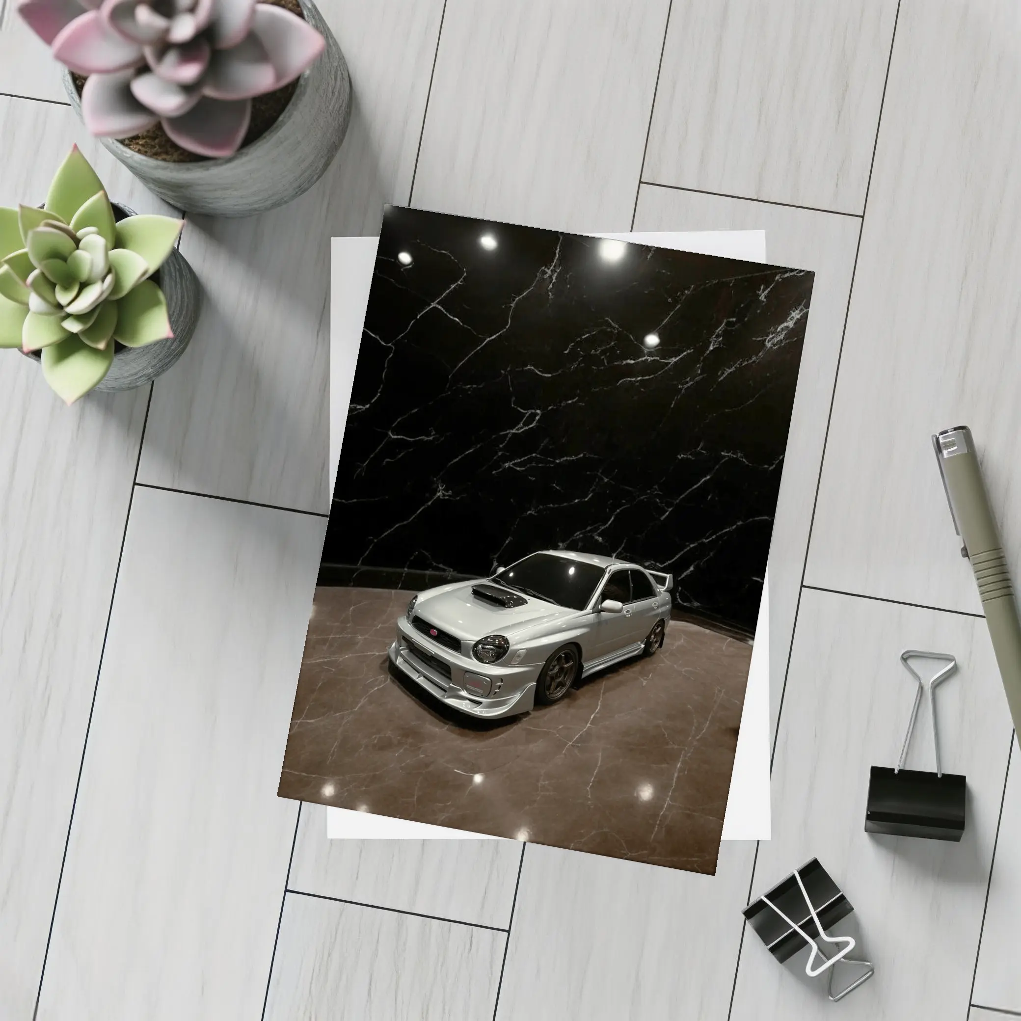 Subaru WRX Silver Car Dark Marble Background – Postcards