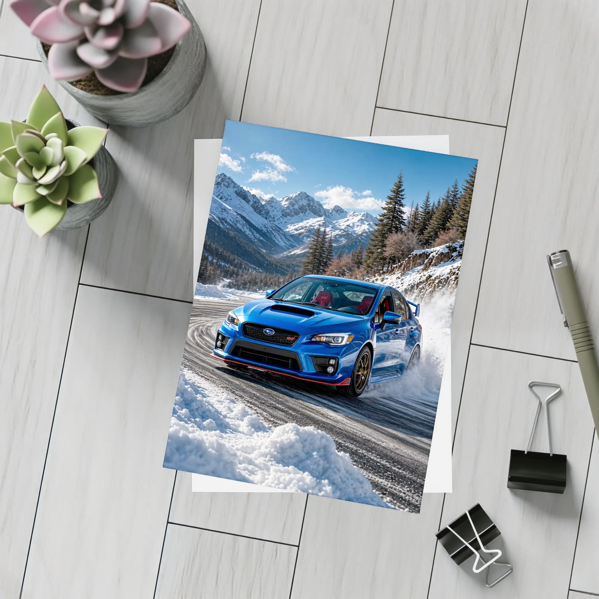 Subaru WRX STI Blue Drifting Snow Mountains – Postcards