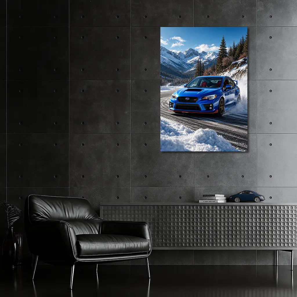 Subaru WRX STI Blue Drifting Snow Mountains – Wall Art