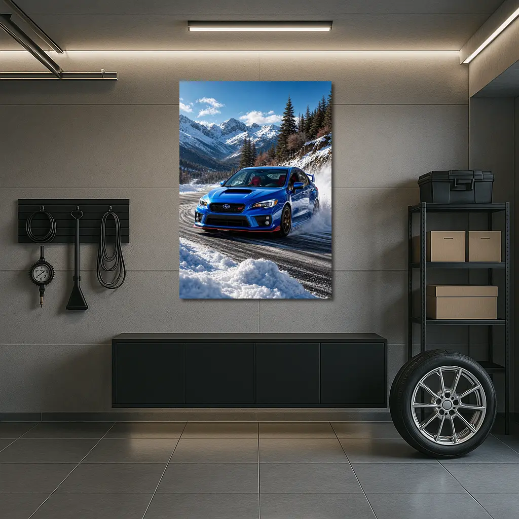 Subaru WRX STI Blue Drifting Snow Mountains – Wall Art