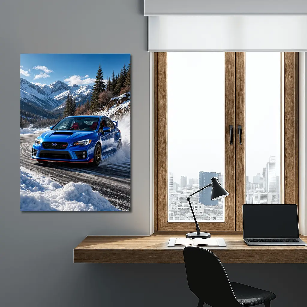Subaru WRX STI Blue Drifting Snow Mountains – Wall Art