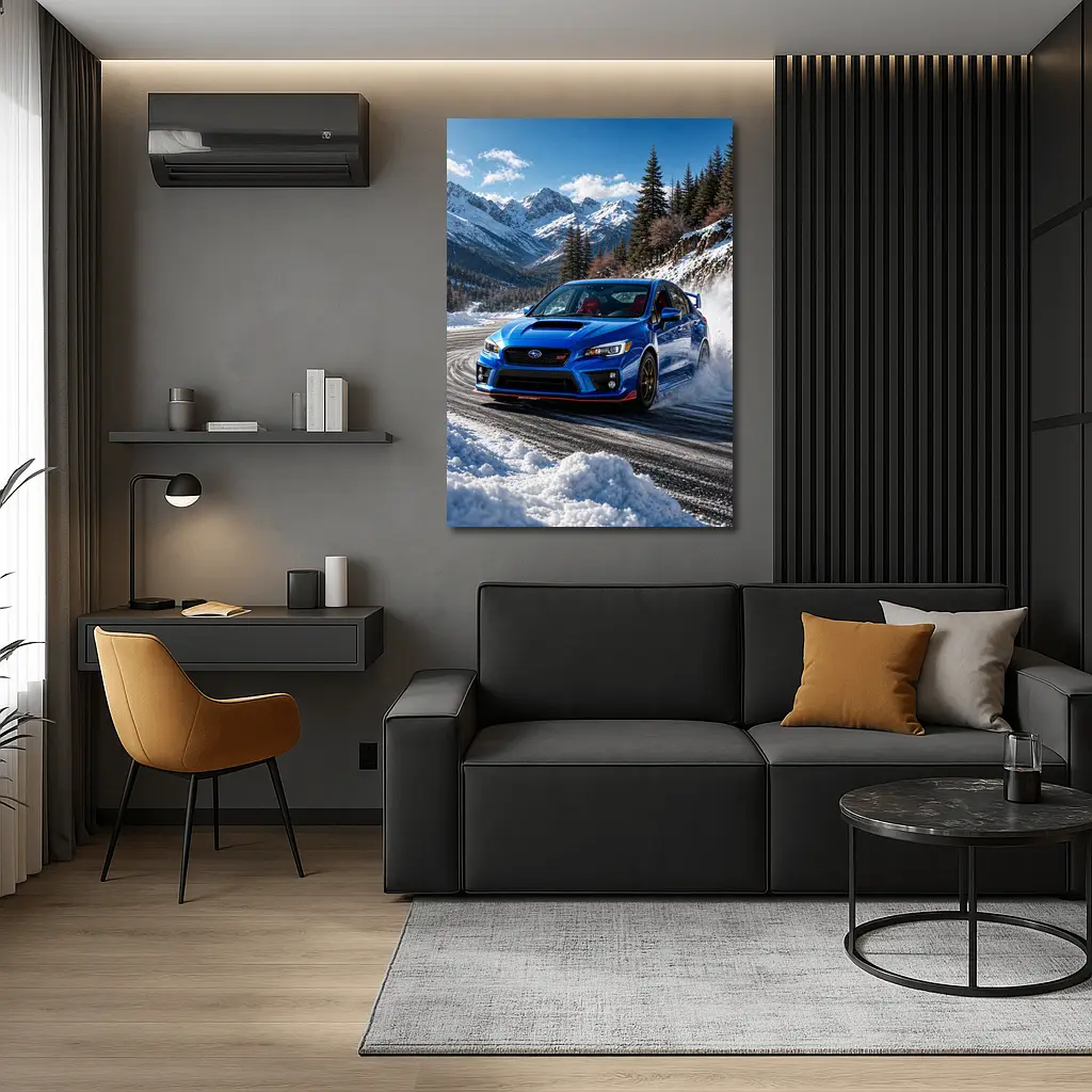 Subaru WRX STI Blue Drifting Snow Mountains – Wall Art