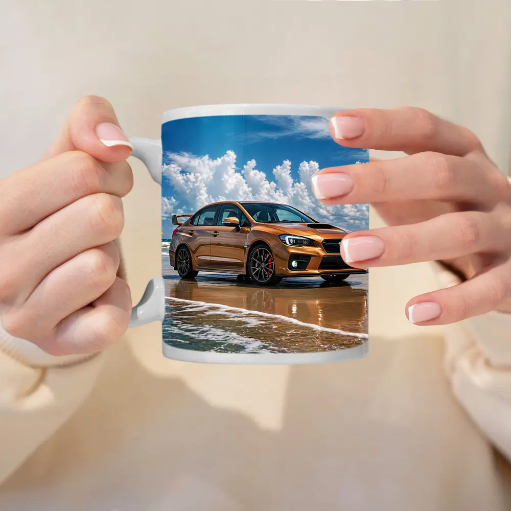 Subaru WRX STI Orange on Beach – Mugs