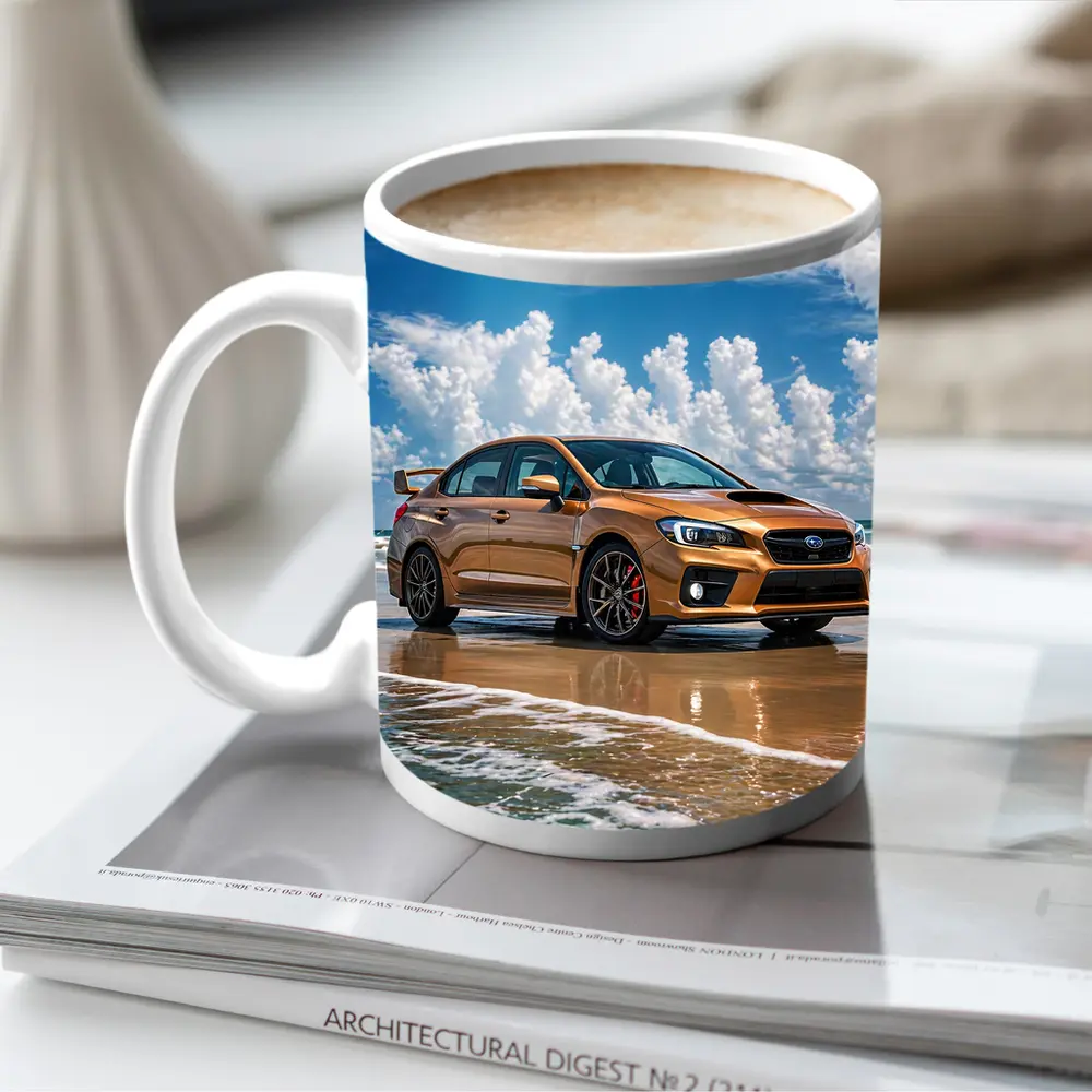 Subaru WRX STI Orange on Beach – Mugs