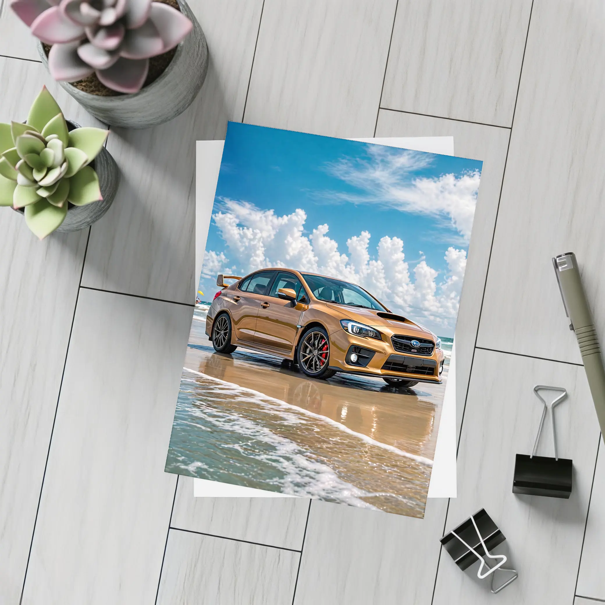 Subaru WRX STI Orange on Beach – Postcards