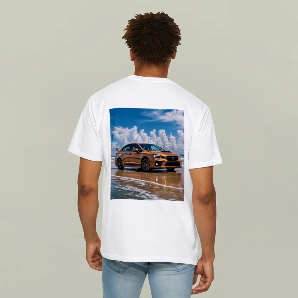 Subaru WRX STI Orange on Beach – T-Shirts