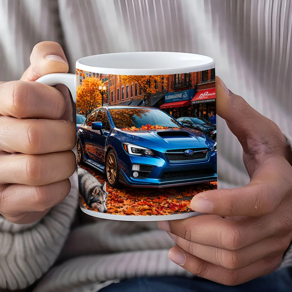 Subaru WRX Blue Sedan Autumn City Street – Mugs