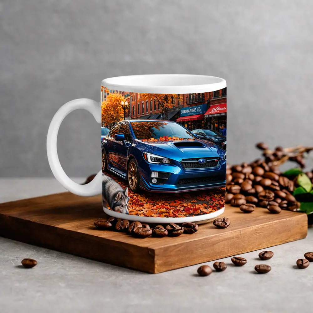 Subaru WRX Blue Sedan Autumn City Street – Mugs