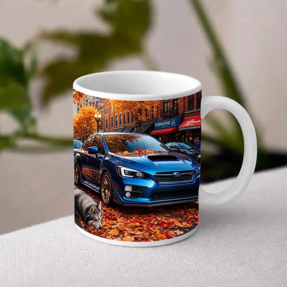 Subaru WRX Blue Sedan Autumn City Street – Mugs