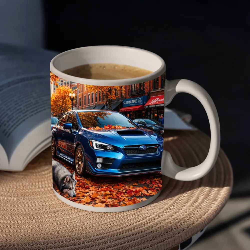 Subaru WRX Blue Sedan Autumn City Street – Mugs