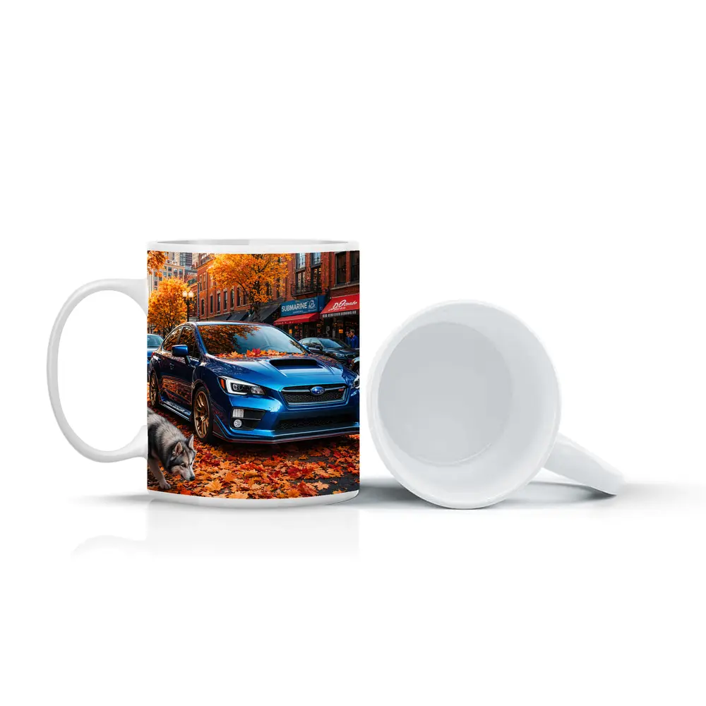 Subaru WRX Blue Sedan Autumn City Street – Mugs