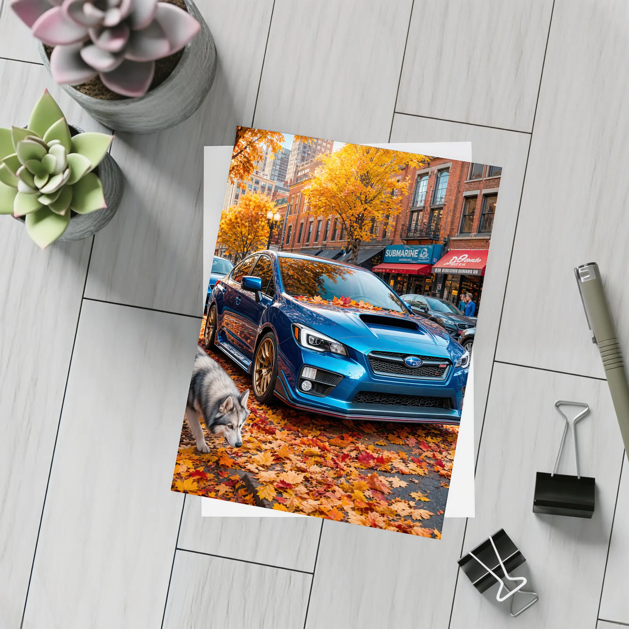 Subaru WRX Blue Sedan Autumn City Street – Postcards