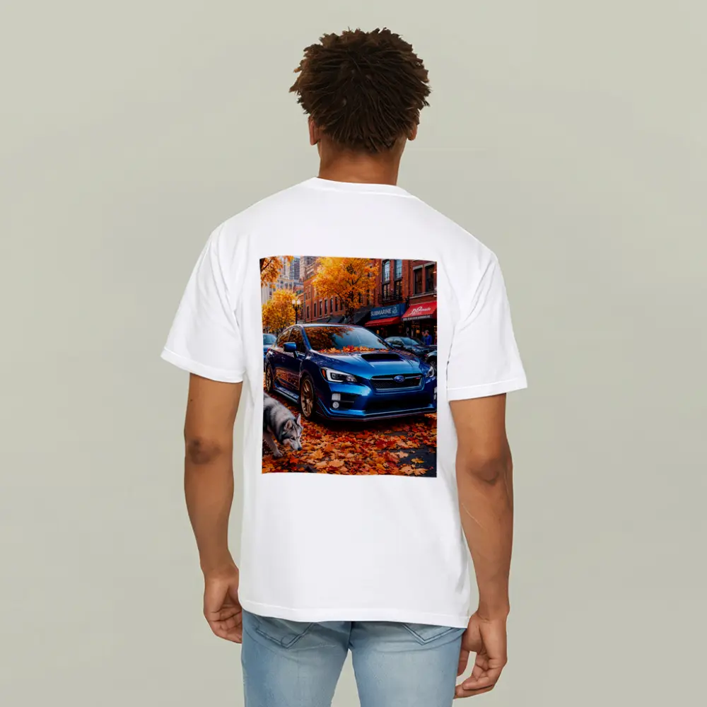 Subaru WRX Blue Sedan Autumn City Street – T-Shirts