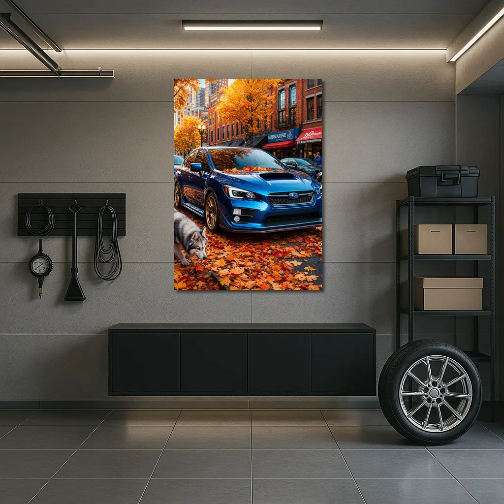 Subaru WRX Blue Sedan Autumn City Street – Wall Art