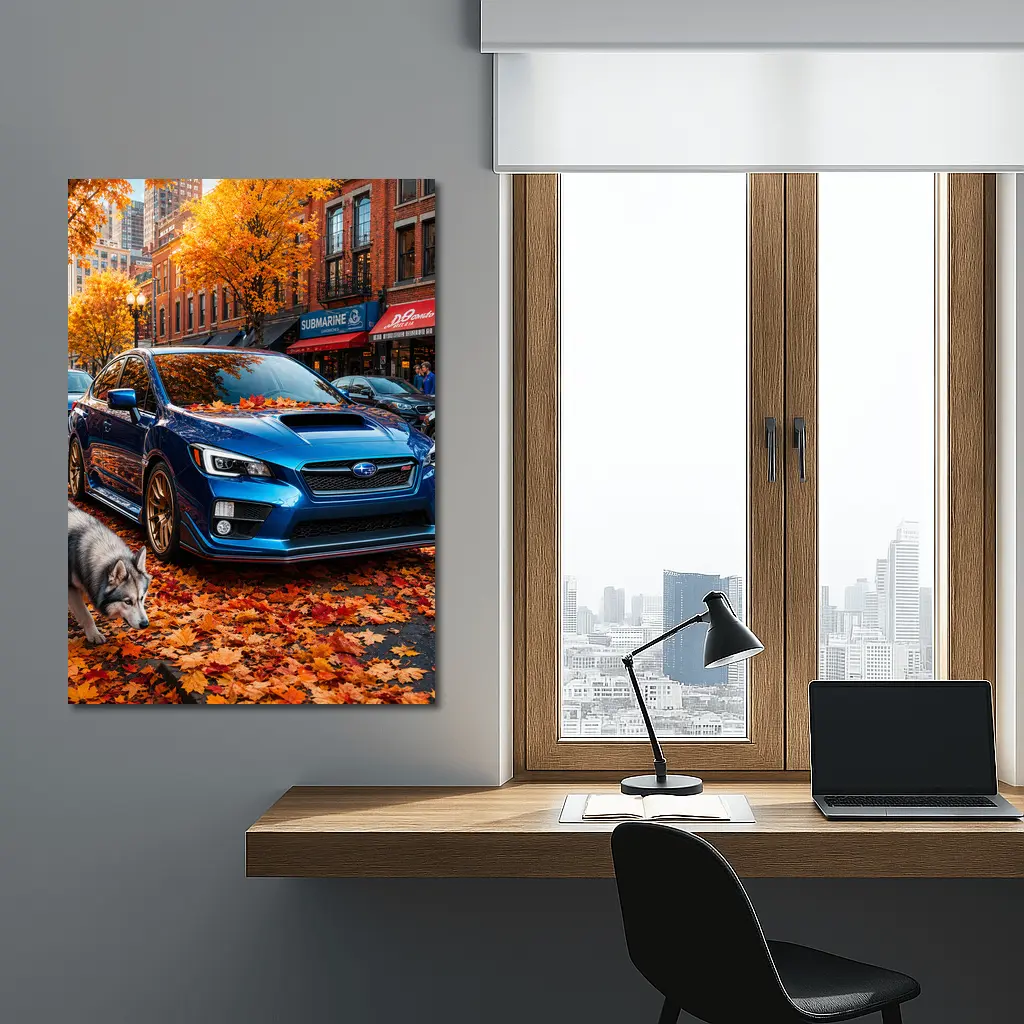 Subaru WRX Blue Sedan Autumn City Street – Wall Art