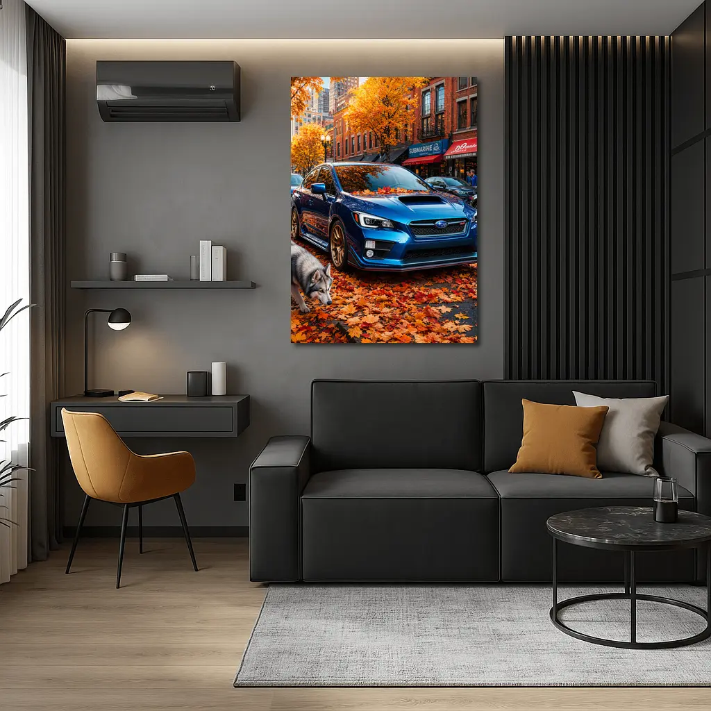 Subaru WRX Blue Sedan Autumn City Street – Wall Art