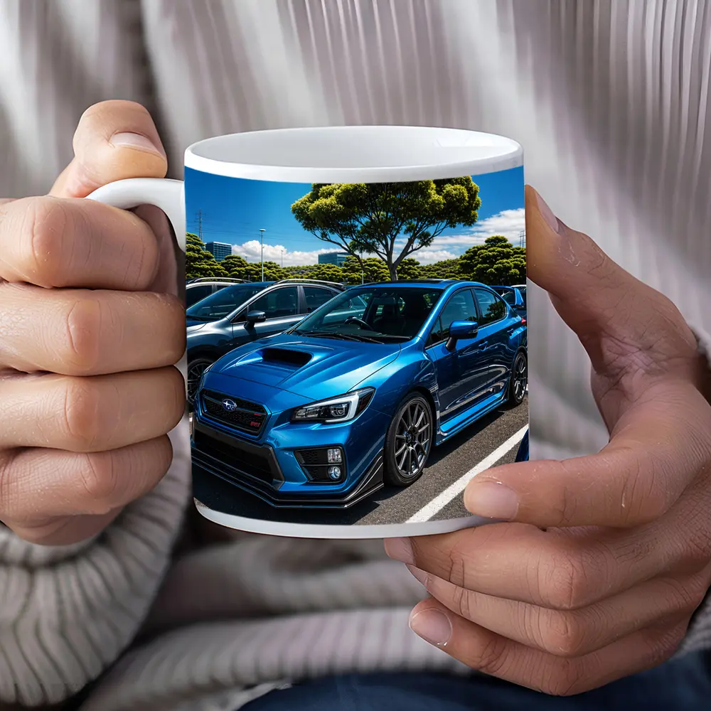 Subaru WRX STI Blue Parking Lot Scene – Mugs