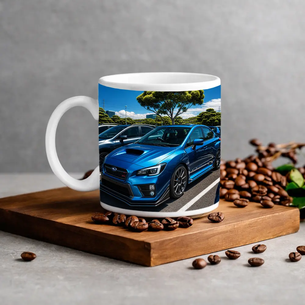 Subaru WRX STI Blue Parking Lot Scene – Mugs